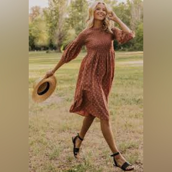 Roolee Dresses & Skirts - Roolee dusty rose smocked midi dress womens size XL dressy modest balloon sleeve